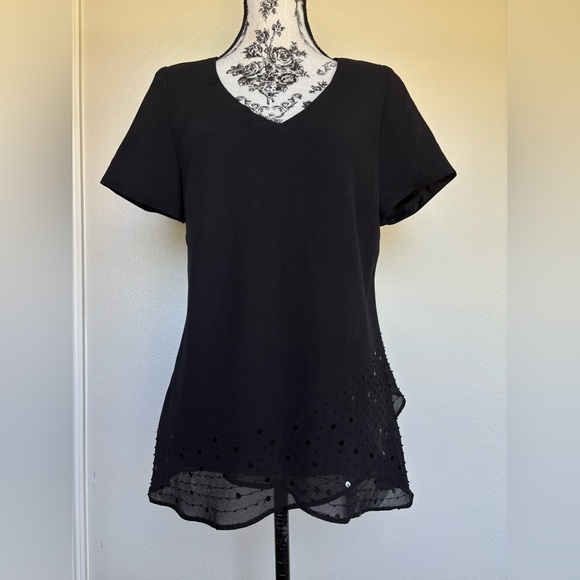 Night Way Collections Tops - Night Way Collections Black V-Neck Short Sleeve Tunic with Hem Embellishment